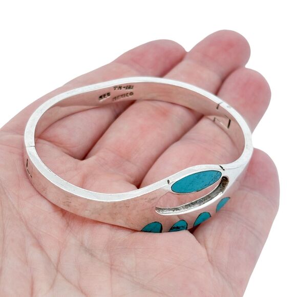 Vintage Mexico Taxco TM-181 Sterling Silver Turquoise Inlay Bangle Bracelet 6.5" - Picture 1 of 8